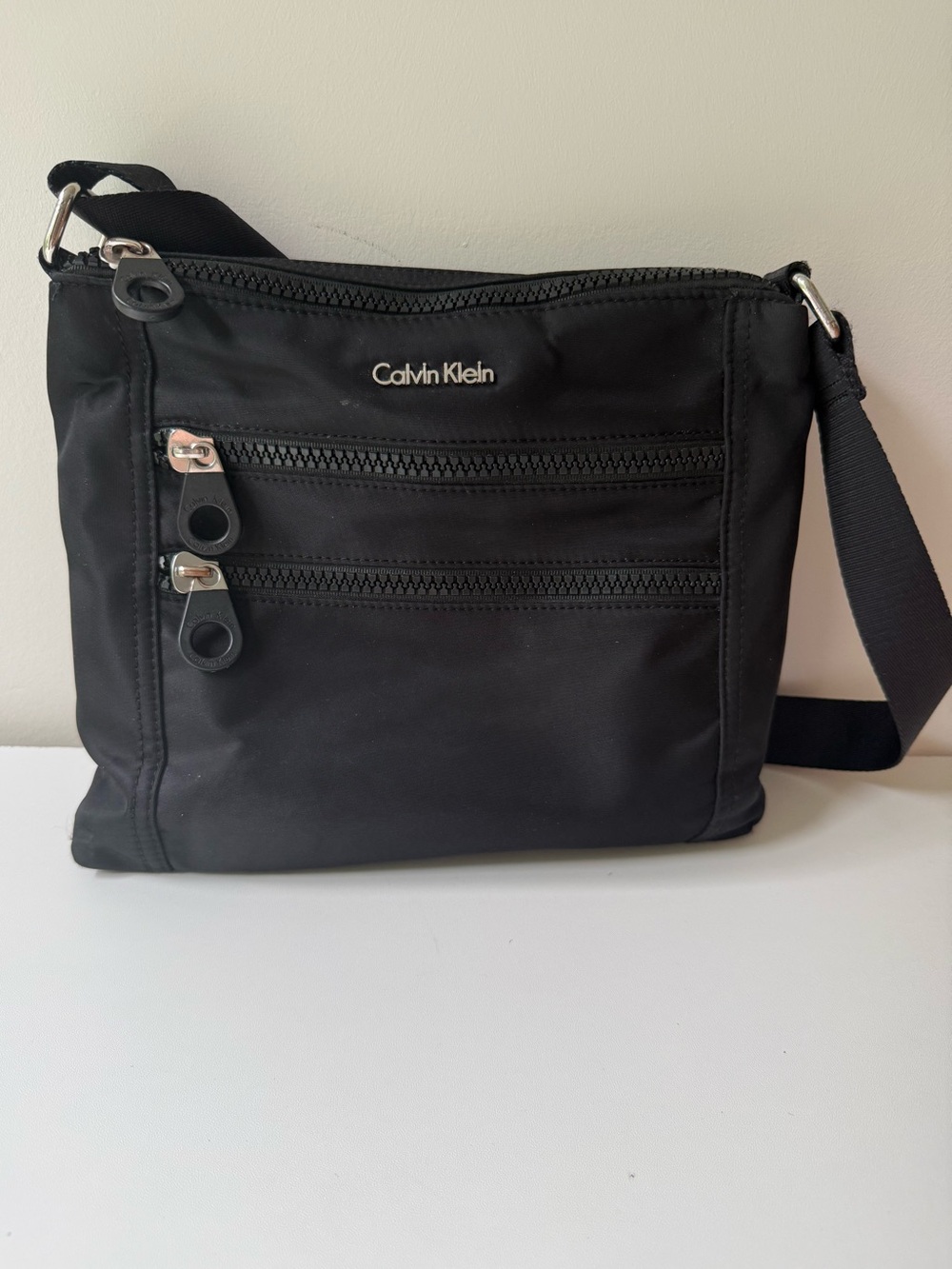 Calvin Klein Black Nylon Messenger Bag with Front Zip Pockets